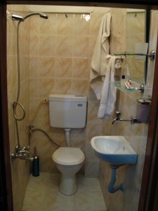 A typical hotel bathroom - note the lack of a shower stall.